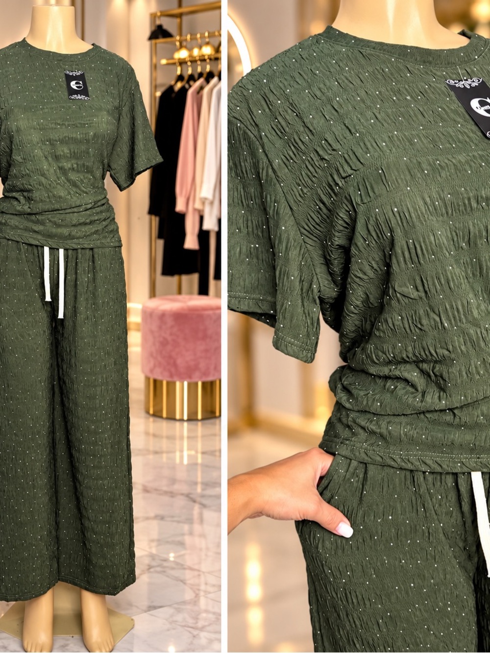 Olive Green Short-Sleeve Wide-Leg pants with Drawstring Waist and pockets